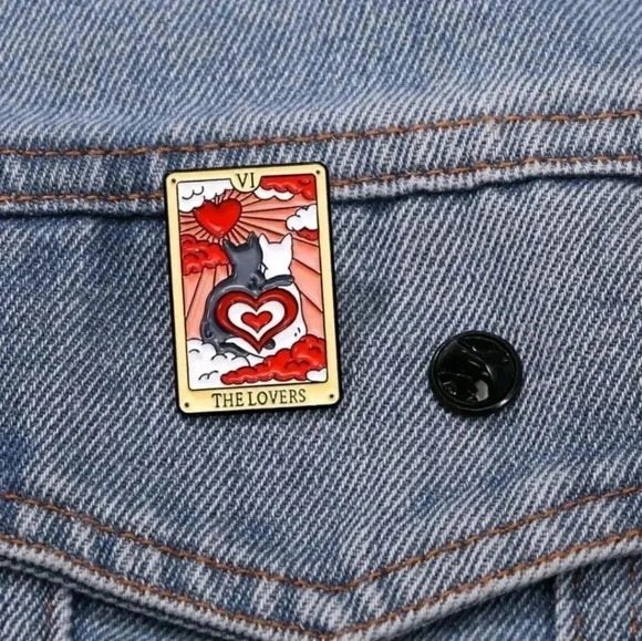 None Accessories - The lovers red cat kitten tarot card black white enamel pin brooch charm bag pur